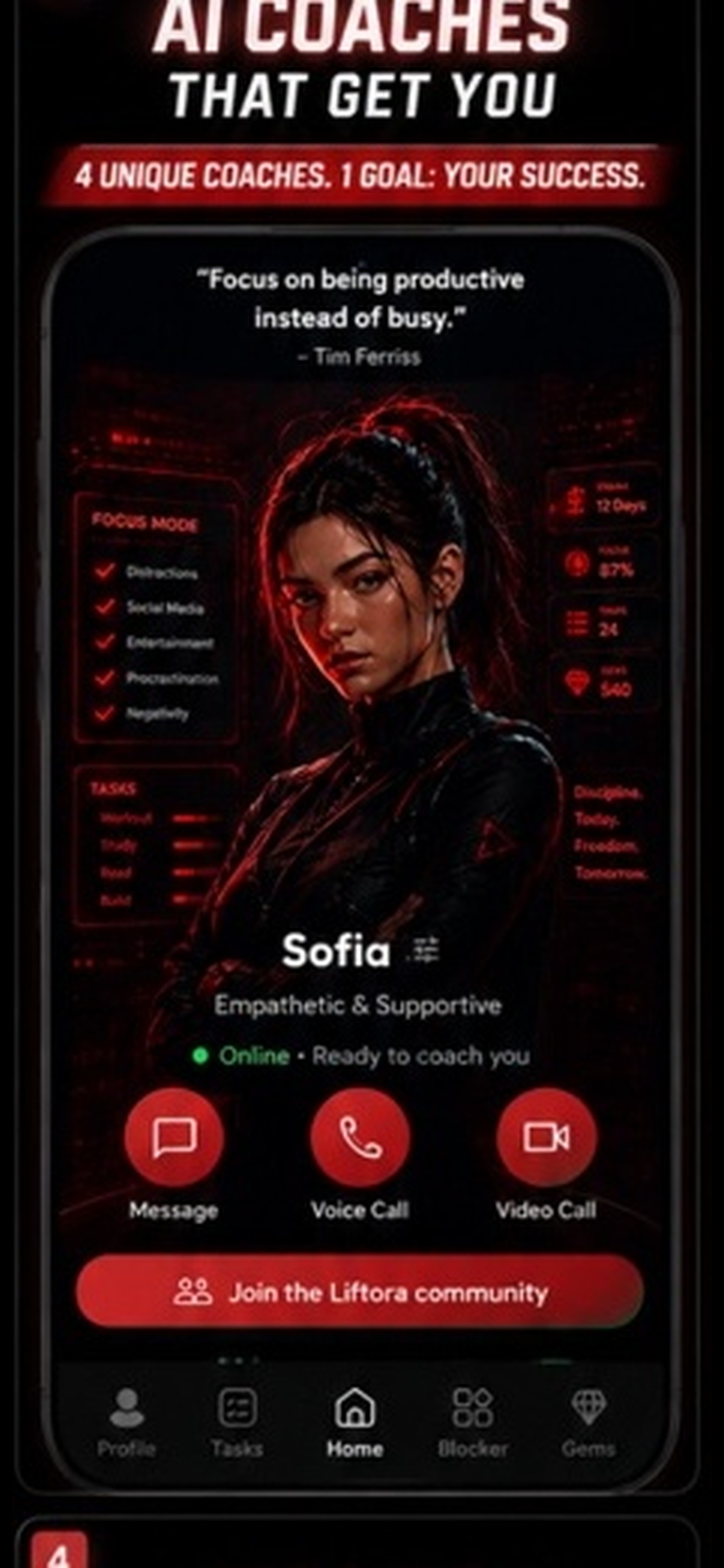 Liftora AI Coach home screen with voice, video and message options