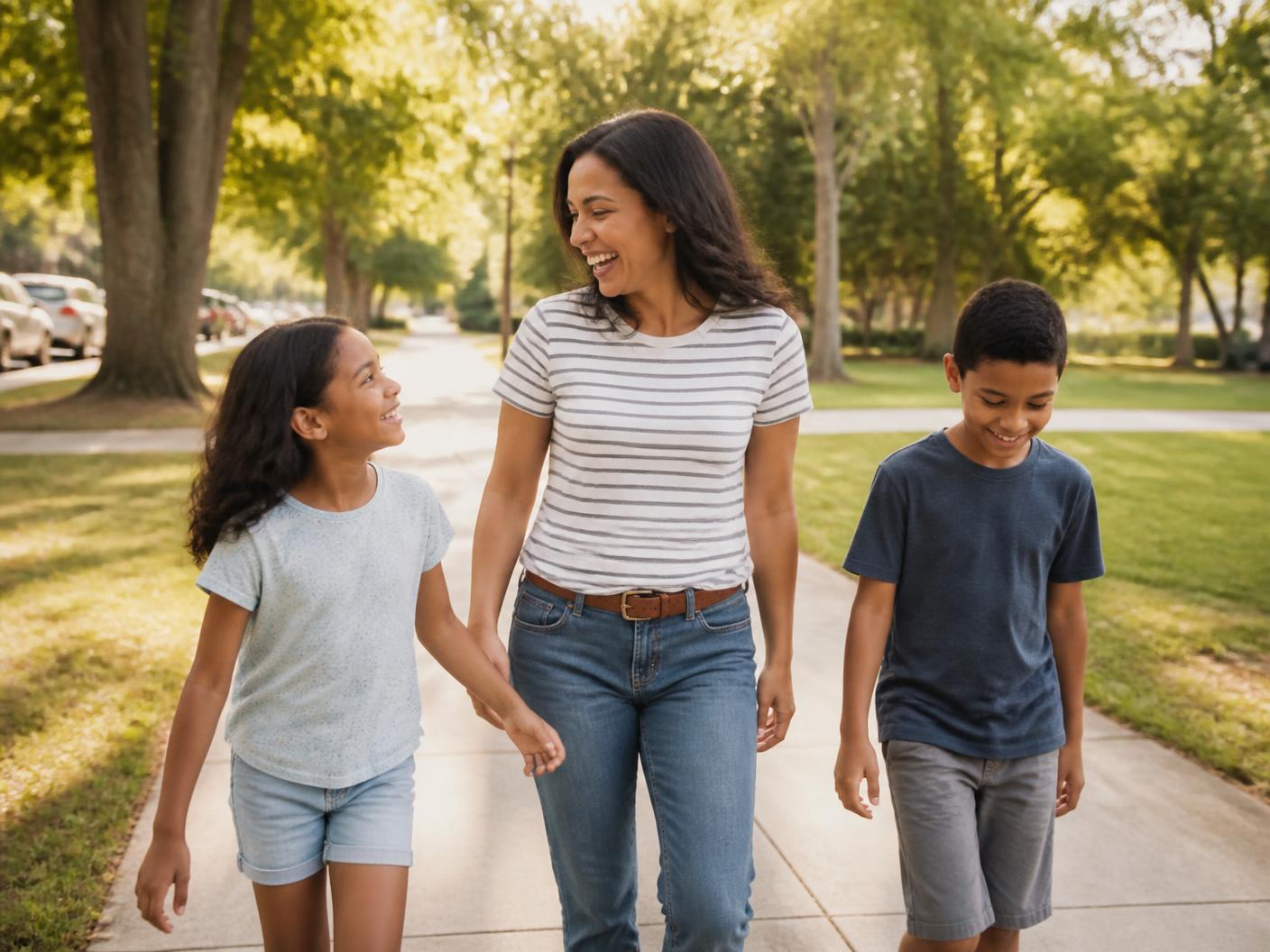 Mother walking and laughing with her children in a neighborhood park